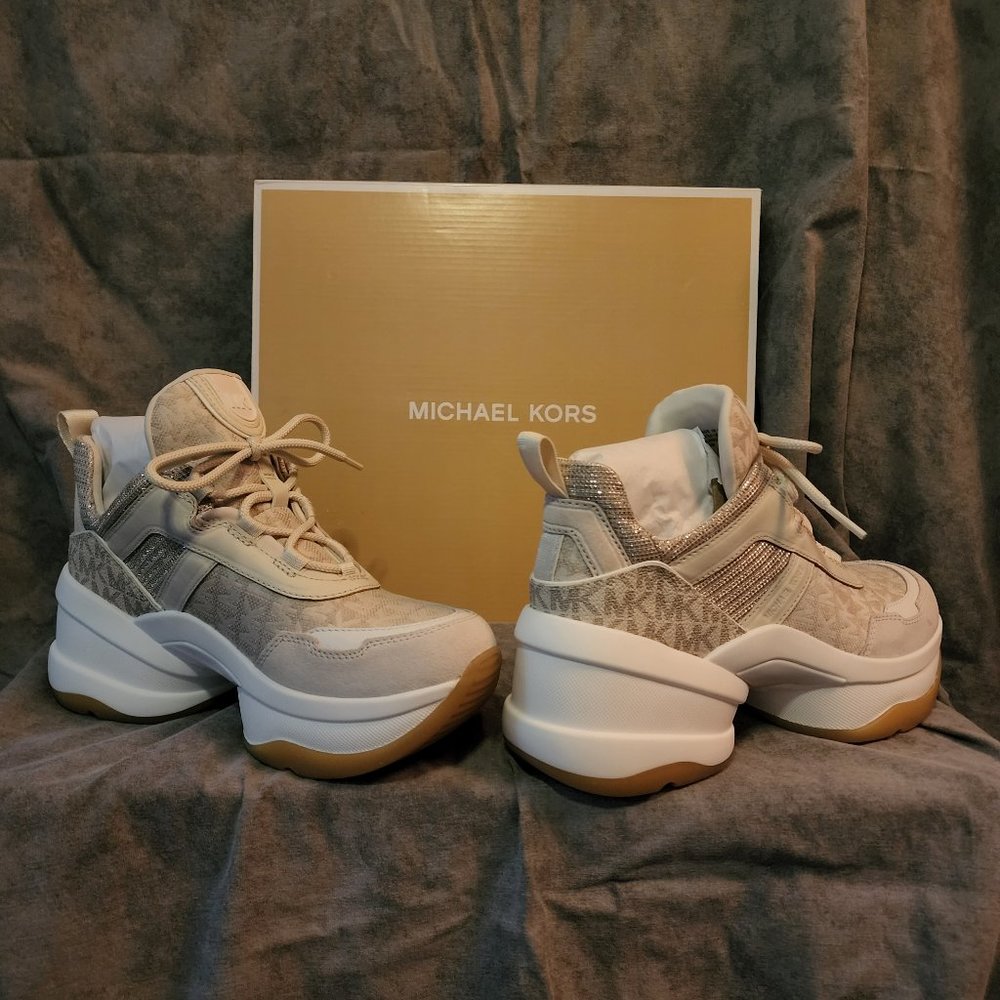 Micheal Kors Olympia Logo Jacquard and Glitter Chain-Mesh Trainer NIB Size 7.5